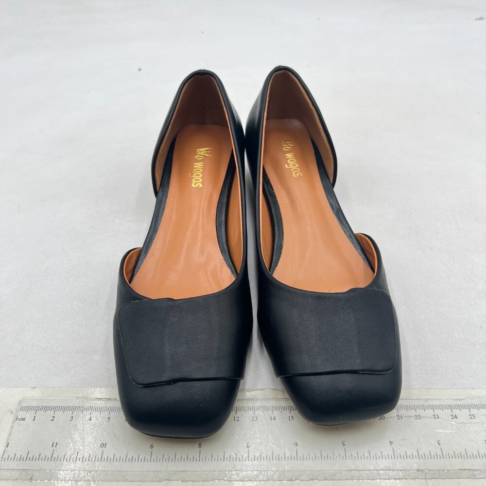 Wo Wagas Black Pump Side Cut Block Low Heel Square Toe Slip On Working Shoe - Picture 3 of 8